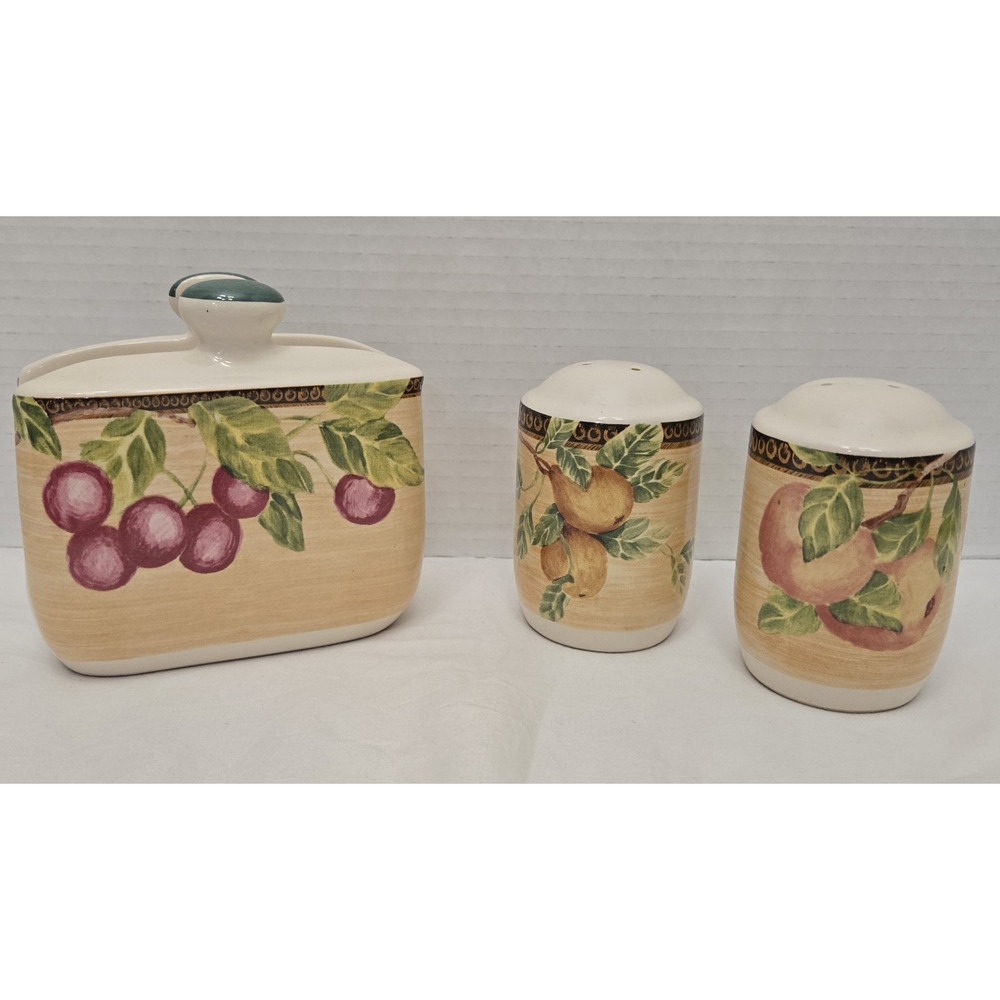 Vtg Jay Imports Ceramic Napkin Holder Salt Pepper Shaker Fruit Pattern Set of 3